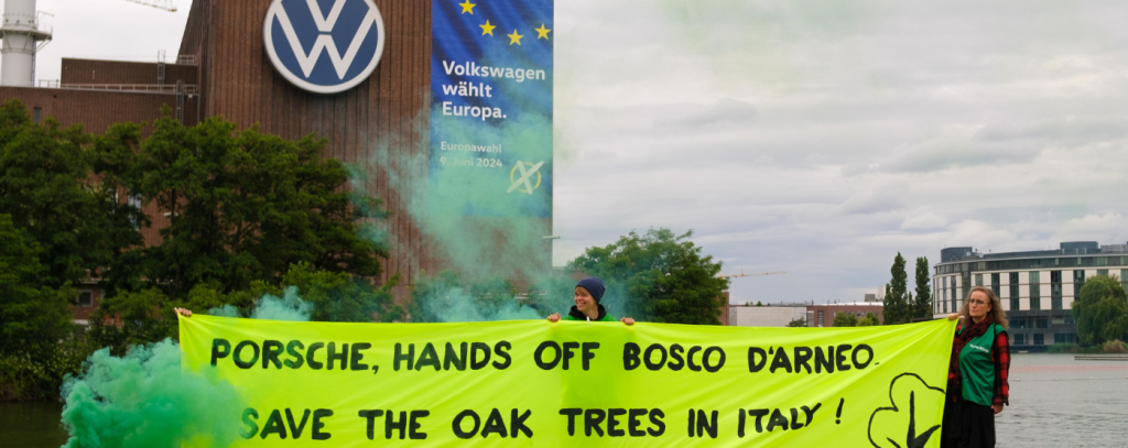 Bannerprotest vor dem VW-Werk in Wolfsburg gegen Waldzerstörung für eine Porsche-Teststrecke in Italien