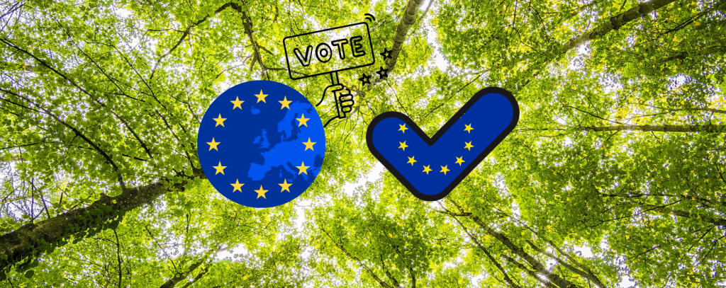 Waldbild + EU-Zeichen, Häkchen und Vote!-Schild