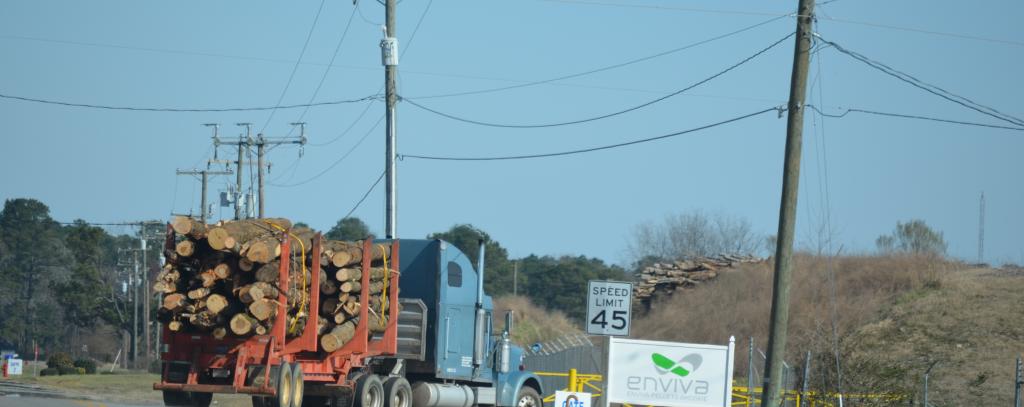 Die Dogwood Alliance hat Holzlieferungen von Clearcuts bis in ein Pelletwerk von Enviva verfolgt. Hier fährt einer der mit Baumstämmen beladener LKW auf das Werksgelände der Firma Enviva, dem weltgrößten Pelletproduzenten.